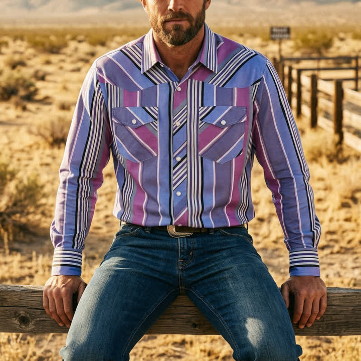 Herren-Langarmhemd im aztekischen Westernstil, blau & lila - Blau & Lila - 5XL - image 0