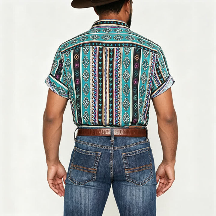 Herrenhemd im Bohemian-Stil mit türkisfarbenem Aztekenstreifenmuster - image 3
