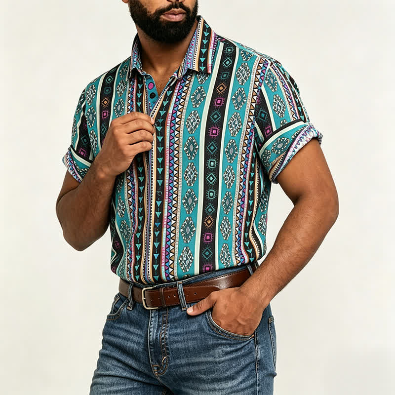 Herrenhemd im Bohemian-Stil mit türkisfarbenem Aztekenstreifenmuster - image 1
