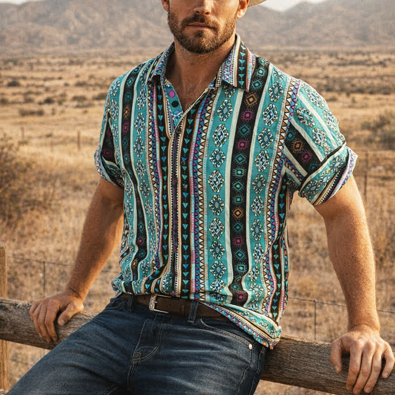 Herrenhemd im Bohemian-Stil mit türkisfarbenem Aztekenstreifenmuster - Türkis - 4XL - image 0