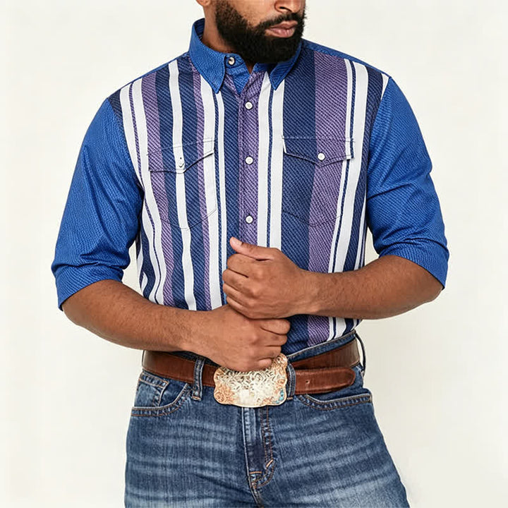 Herren-Langarmhemd im Retro-Cowboy-Stil mit blauen Streifen - image 1
