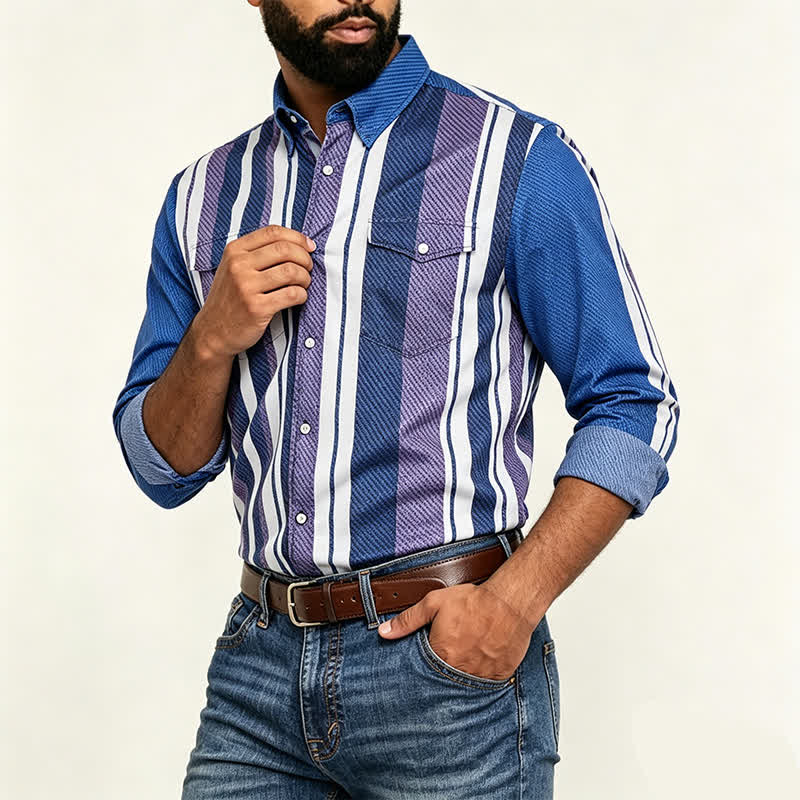 Herren-Langarmhemd im Retro-Cowboy-Stil mit blauen Streifen - image 2