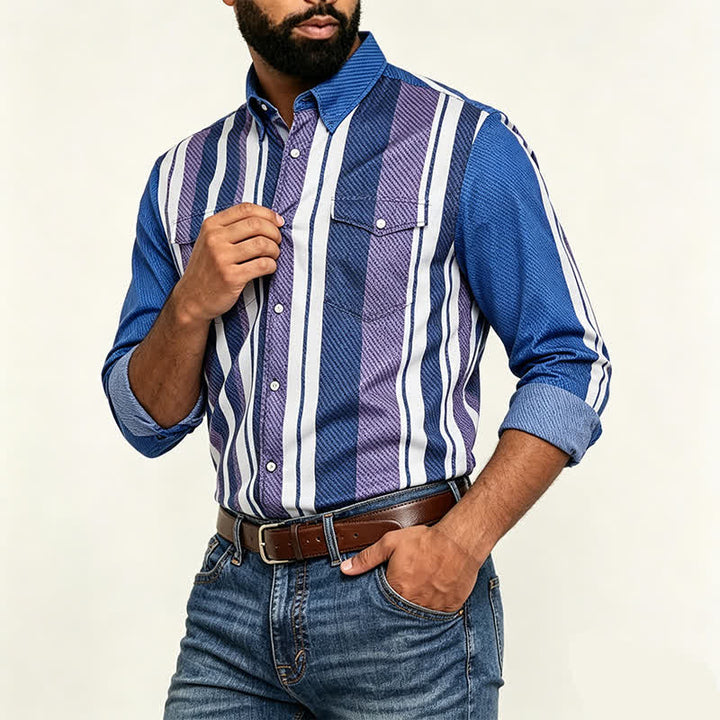 Herren-Langarmhemd im Retro-Cowboy-Stil mit blauen Streifen - image 2