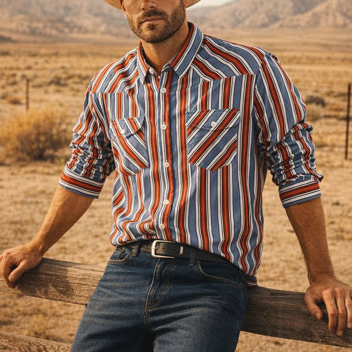 Rodeo-Arbeitshemd für Herren mit diagonalen Streifen, langärmlig - Gedämpftes Türkis - 5XL - image 0