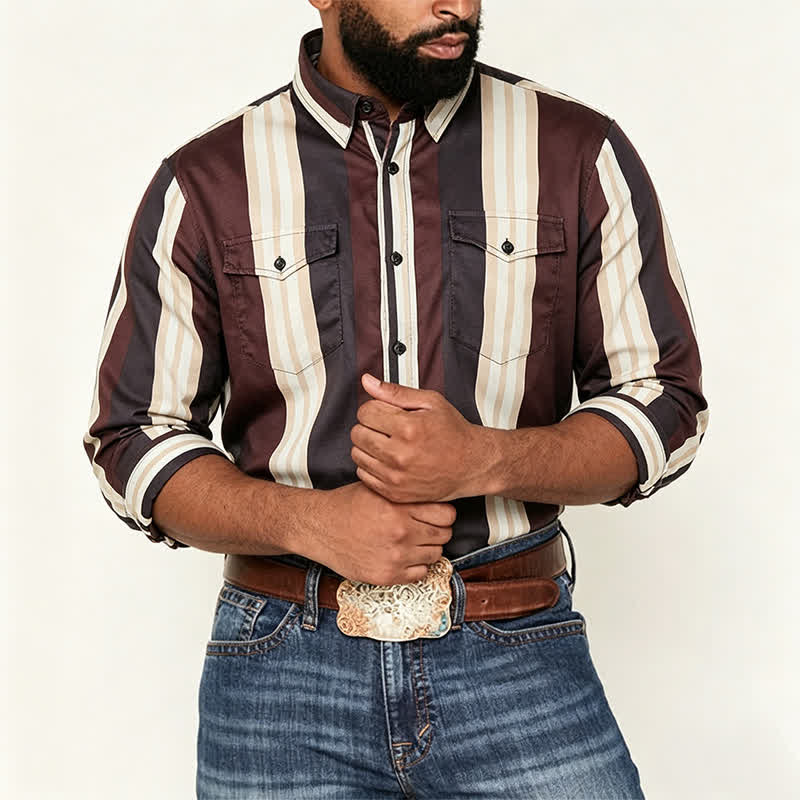 Herren-Langarmhemd im Western-Stil mit vertikalen Streifen in Burgunderrot und Grau - image 1