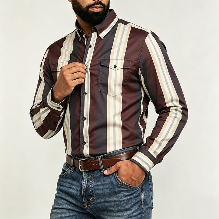 Herren-Langarmhemd im Western-Stil mit vertikalen Streifen in Burgunderrot und Grau - image 2
