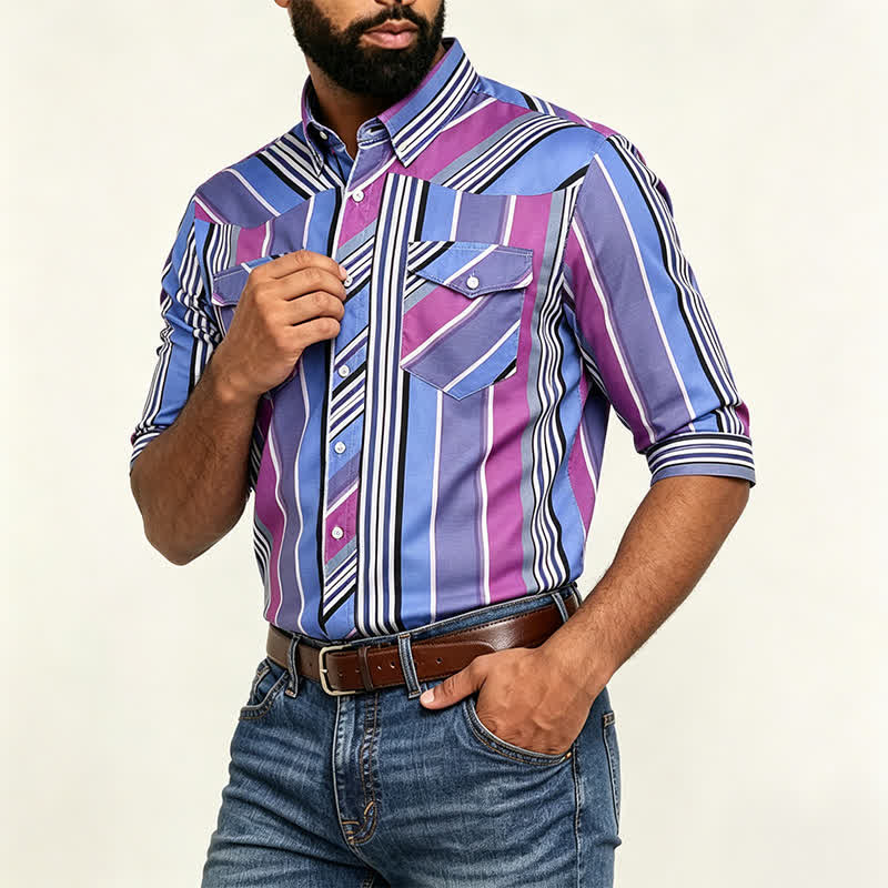 Herren-Langarmhemd im aztekischen Westernstil, blau & lila - image 2