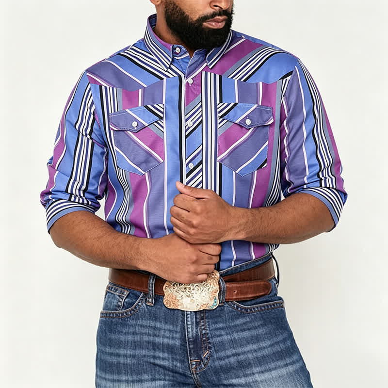Herren-Langarmhemd im aztekischen Westernstil, blau & lila - image 1