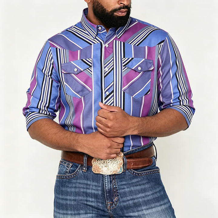 Herren-Langarmhemd im aztekischen Westernstil, blau & lila - image 1