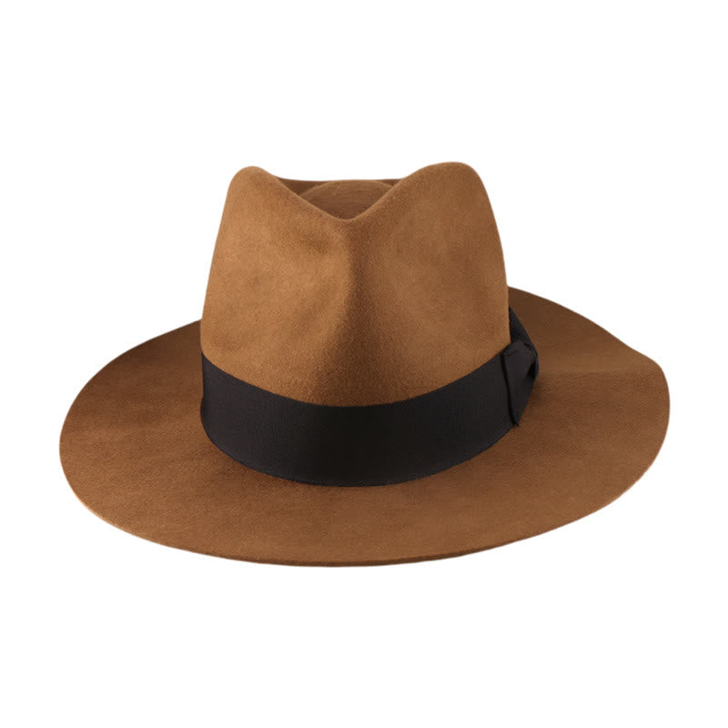 Vintage-Woll-Fedora im Western-Stil mit Schleifenbesatz - Dunkelbraunes und schwarzes breites Band - Verstellbar (22 7/8"-23 5/8") - image 4