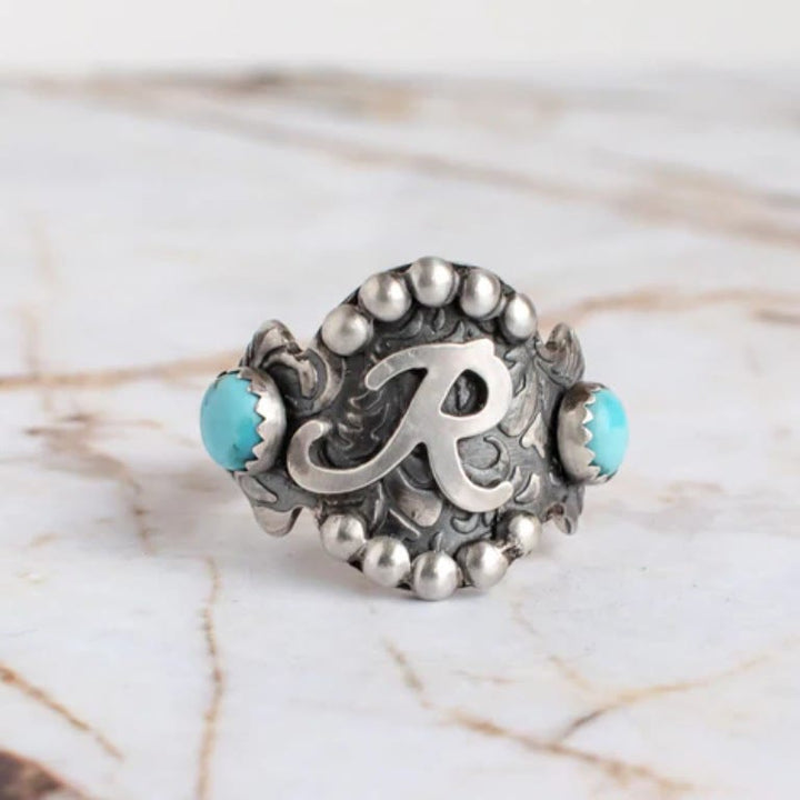 Vintage Ring im Western-Stil mit geometrischem Türkis-Inlay und Initialen - R - 10 - image 2