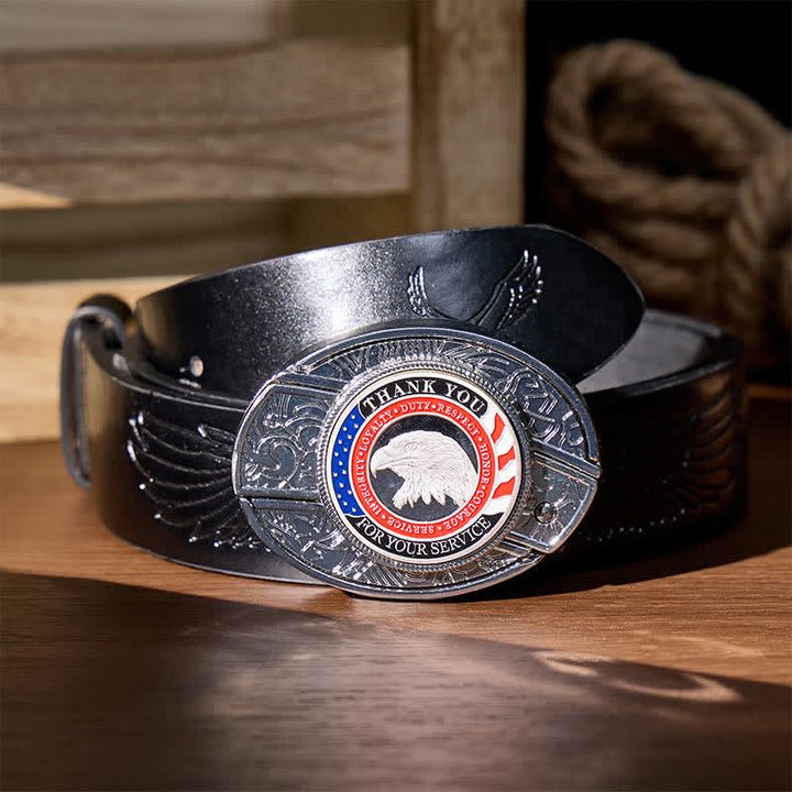 Ehren & Mut DIY Verstecktes Klappmesser Adlerschnalle Ledergürtel - Patriotischer Adler - Schwarzer Gürtel mit Adlerprägung - 42 - image 4