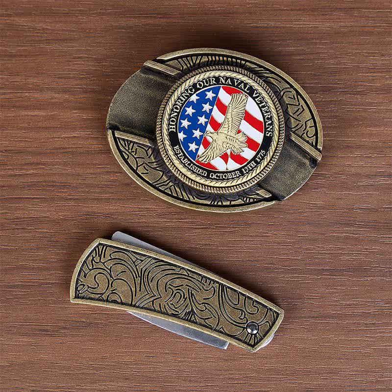 Ehrung von Marineveteranen: Selbstgemachter Gürtel mit verstecktem Klappmesser und Adlerschnalle aus Leder - image 2