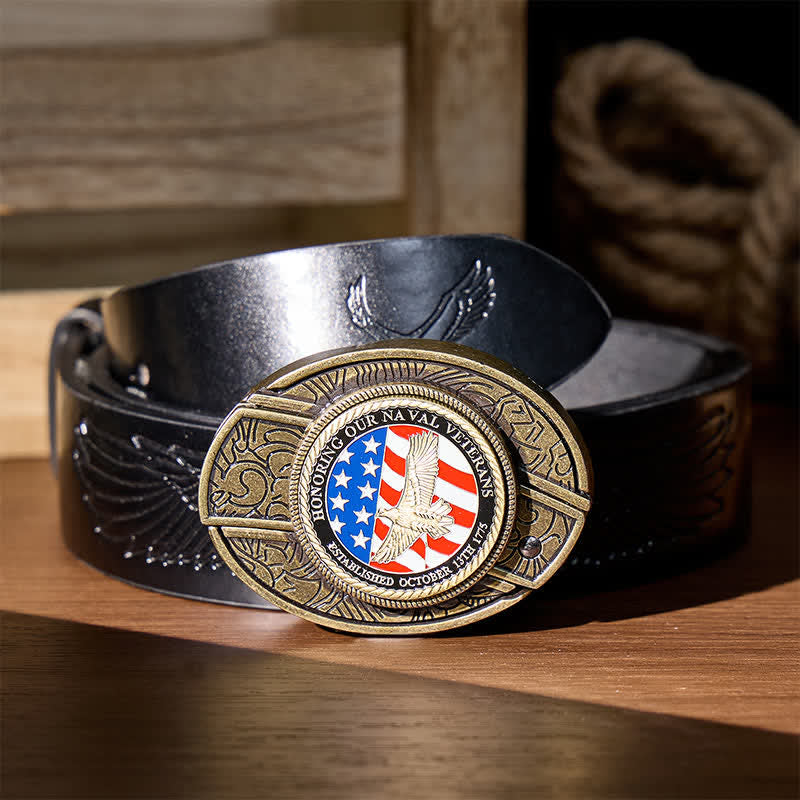 Ehrung von Marineveteranen: Selbstgemachter Gürtel mit verstecktem Klappmesser und Adlerschnalle aus Leder - Patriotischer Adler & Flagge - Schwarzer Gürtel mit Adlerprägung - 42 - image 4