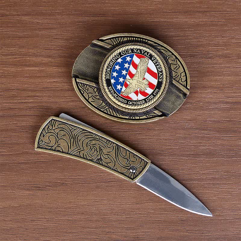 Ehrung von Marineveteranen: Selbstgemachter Gürtel mit verstecktem Klappmesser und Adlerschnalle aus Leder - image 1