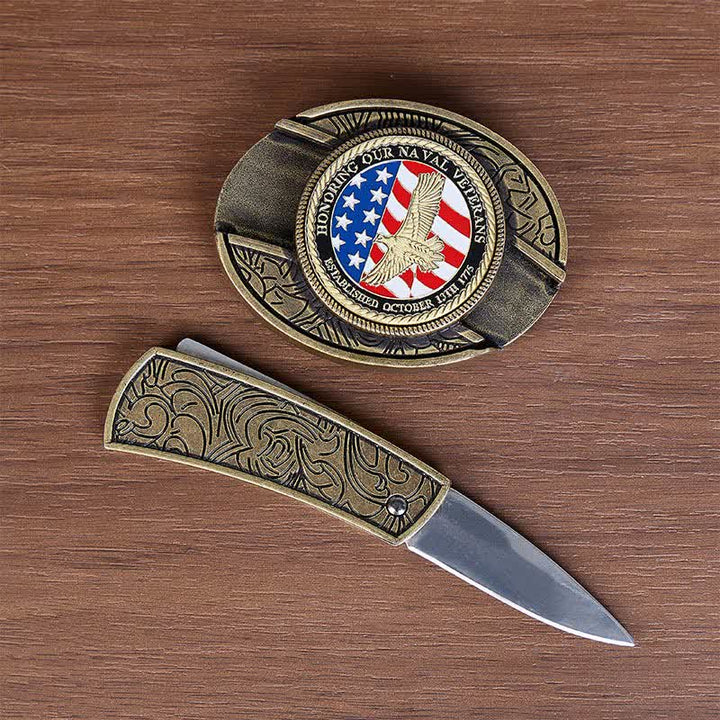 Ehrung von Marineveteranen: Selbstgemachter Gürtel mit verstecktem Klappmesser und Adlerschnalle aus Leder - image 1