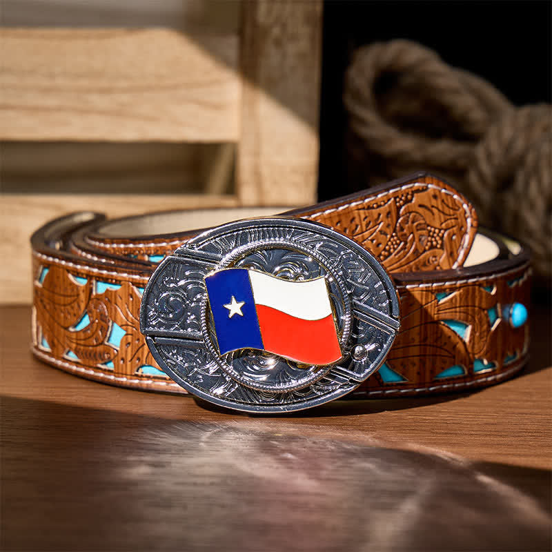 Texas-Staatsflagge DIY Verstecktes Klappmesser Schnalle Ledergürtel - Texas-Staatsflagge - Türkisfarbener, geschnitzter Gürtel - 42 - image 3