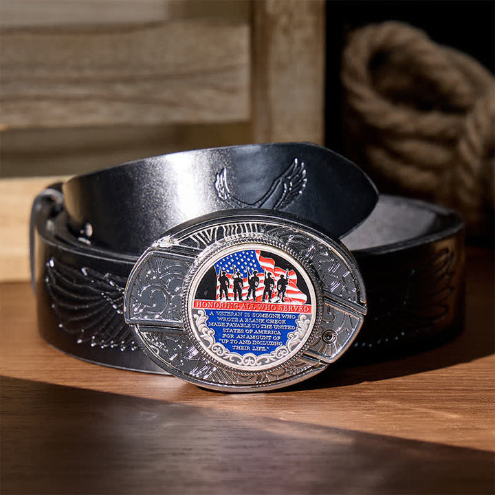 Patriotisches Zitat DIY Verstecktes Klappmesser Flaggenschnalle Ledergürtel - Patriotisches Zitat - Schwarzer Gürtel mit Adlerprägung - 42 - image 2