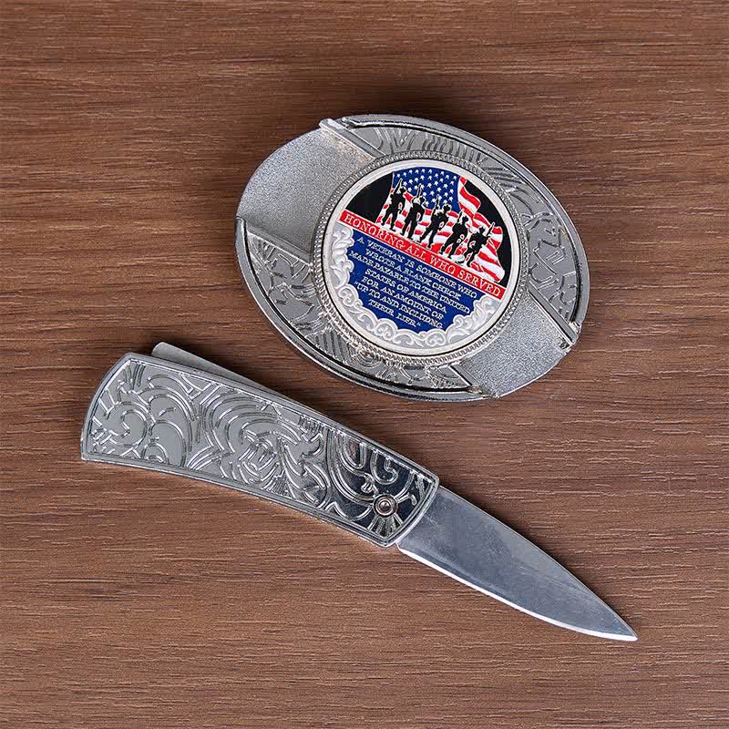 Patriotisches Zitat DIY Verstecktes Klappmesser Flaggenschnalle Ledergürtel - image 1