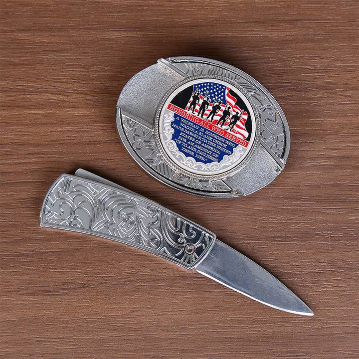 Patriotisches Zitat DIY Verstecktes Klappmesser Flaggenschnalle Ledergürtel - image 1