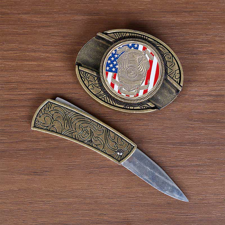Gedenkgürtel für gefallene Offiziere: Verstecktes Klappmesser mit Flaggenschnalle und Ledergürtel zum Selbermachen - image 1
