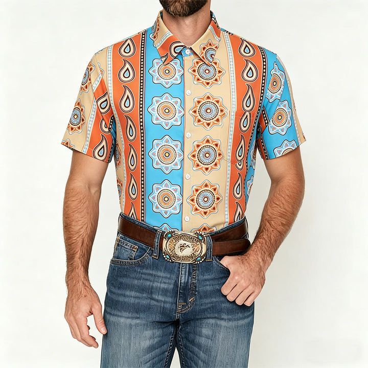 Herrenhemd mit Vintage-Western-Print, kurzen Ärmeln und Knopfleiste - image 1