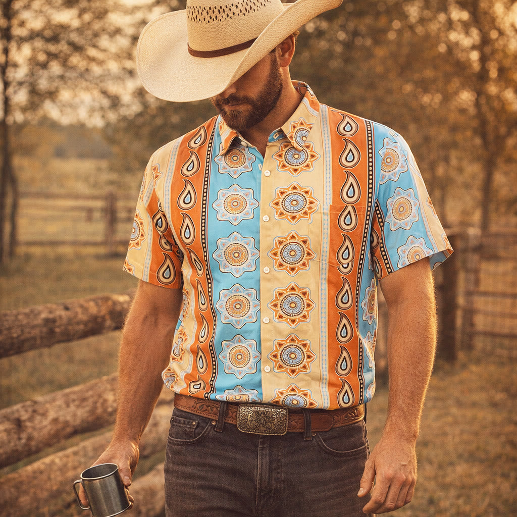 Herrenhemd mit Vintage-Western-Print, kurzen Ärmeln und Knopfleiste - Orange - 3XL - image 0
