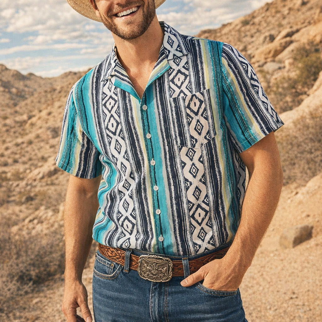 Lässiges Herren-Sommerhemd mit Streifenmuster, kurzen Ärmeln und Knopfleiste - Blau - 3XL - image 0
