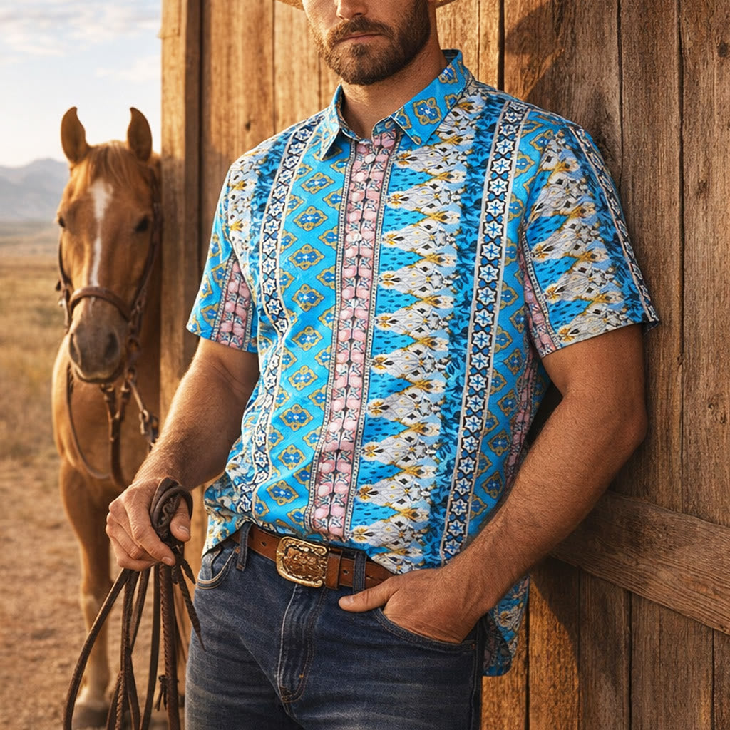 Herren-Sommerhemd mit Western-Grafikprint, Kurzarm - Blau - 4XL - image 0