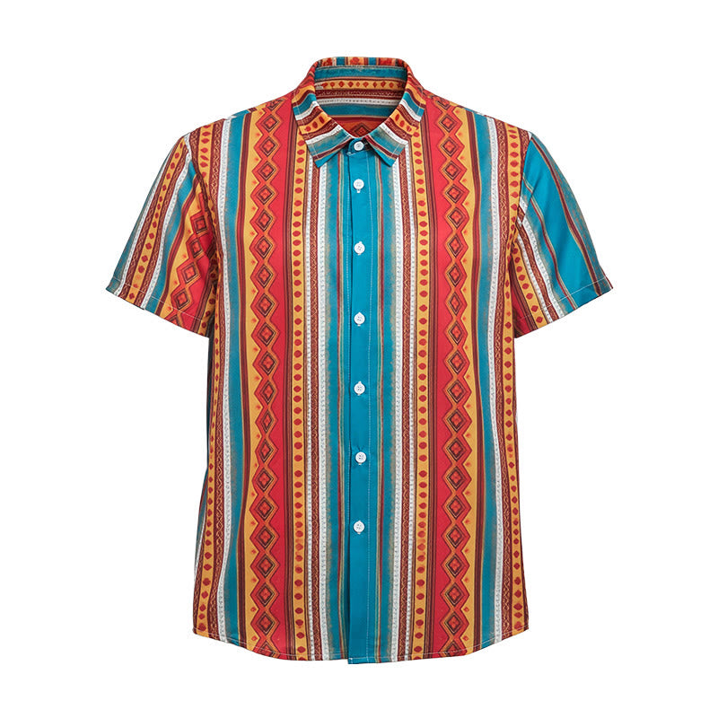 Retro-Western-Freizeithemd für Herren mit geometrischen Streifen und kurzen Ärmeln - image 8