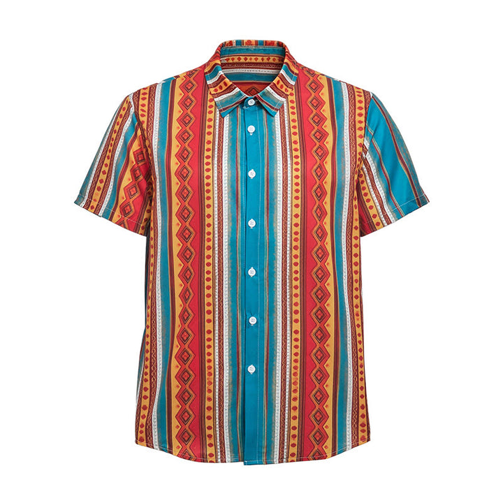 Retro-Western-Freizeithemd für Herren mit geometrischen Streifen und kurzen Ärmeln - image 8
