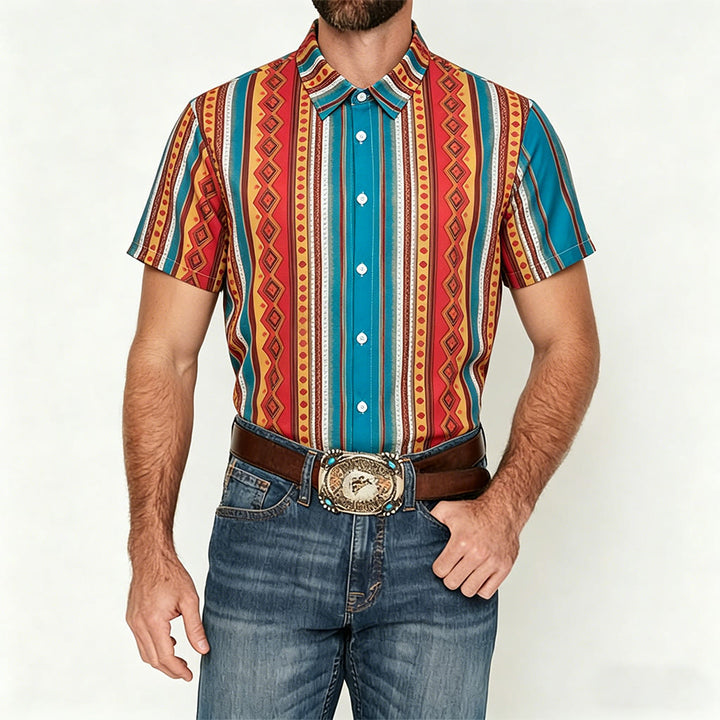 Retro-Western-Freizeithemd für Herren mit geometrischen Streifen und kurzen Ärmeln - image 1