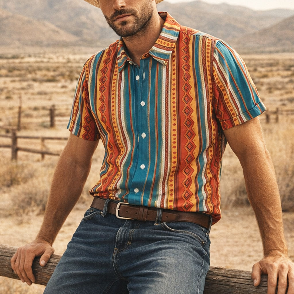 Retro-Western-Freizeithemd für Herren mit geometrischen Streifen und kurzen Ärmeln - Orange - 4XL - image 0