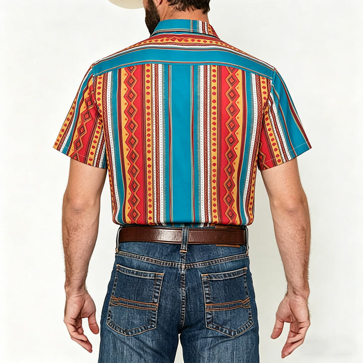 Retro-Western-Freizeithemd für Herren mit geometrischen Streifen und kurzen Ärmeln - image 2