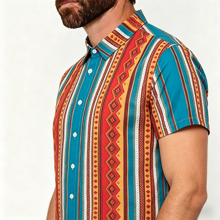 Retro-Western-Freizeithemd für Herren mit geometrischen Streifen und kurzen Ärmeln - image 3