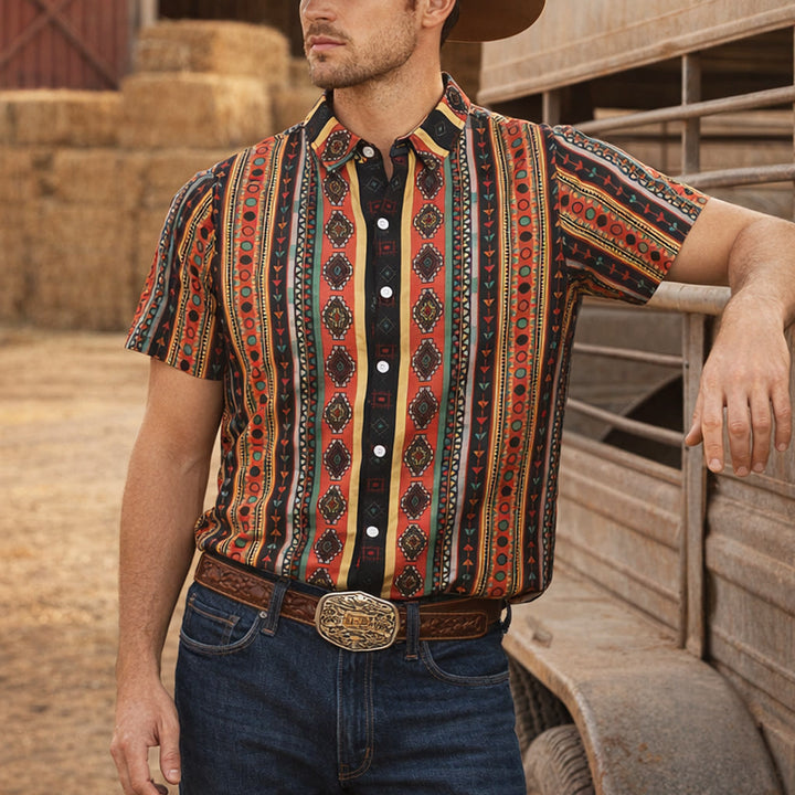 Herrenmode Western-Freizeithemd mit Tribal-Streifenmuster, Kurzarm - image 0