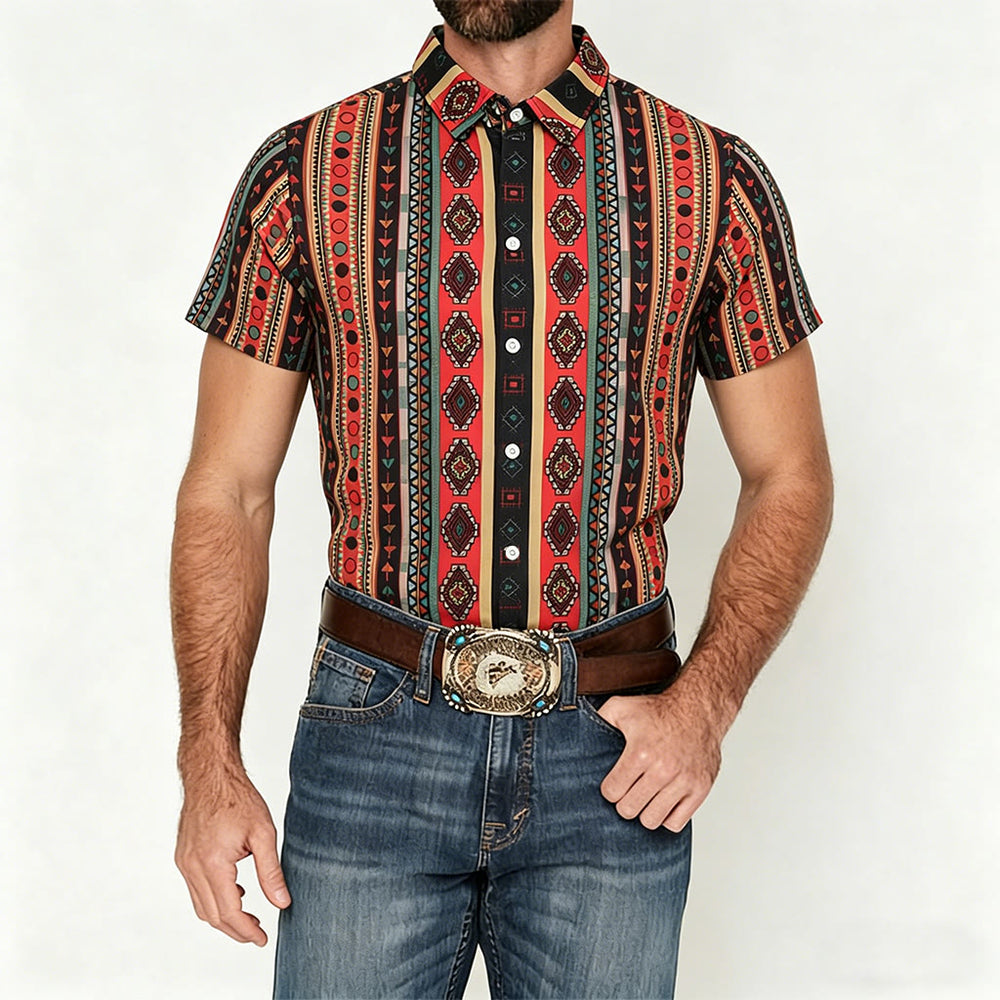 Herrenmode Western-Freizeithemd mit Tribal-Streifenmuster, Kurzarm - image 1