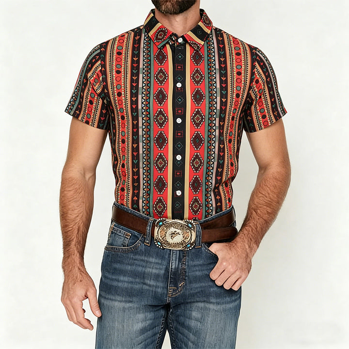 Herrenmode Western-Freizeithemd mit Tribal-Streifenmuster, Kurzarm - image 1