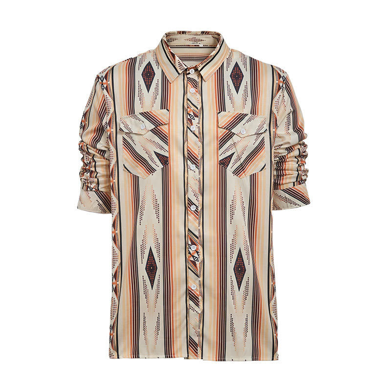 Herren Sommerhemd im Westernstil mit geometrischen Streifen, langen Ärmeln und Knopfleiste - image 9