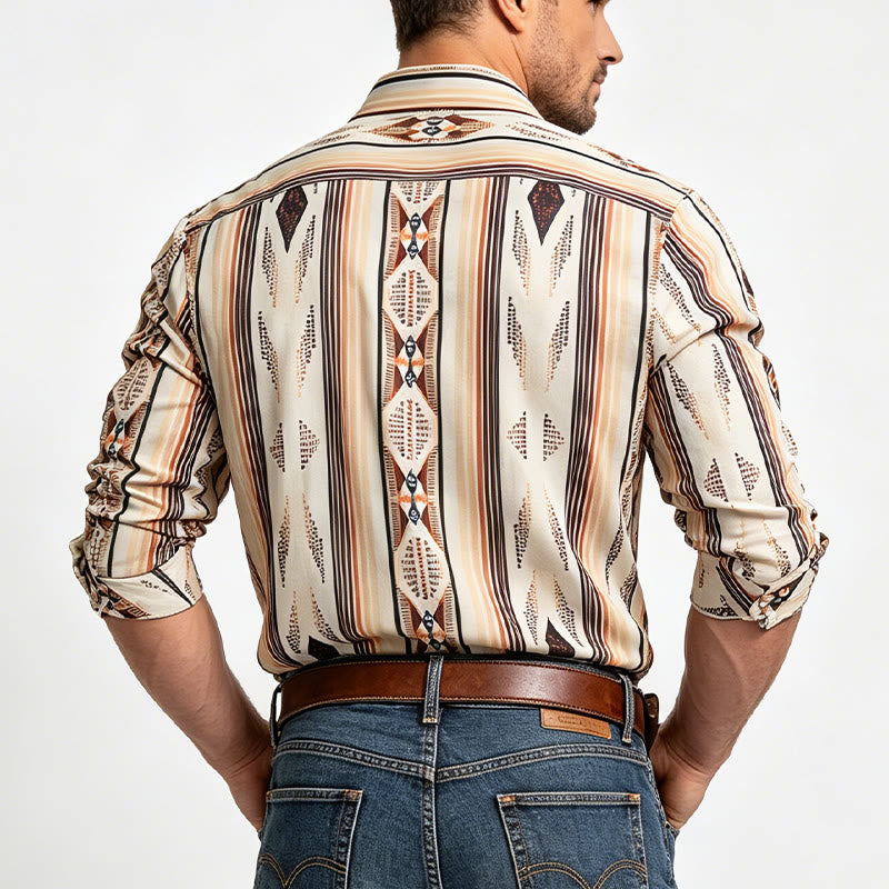 Herren Sommerhemd im Westernstil mit geometrischen Streifen, langen Ärmeln und Knopfleiste - image 2