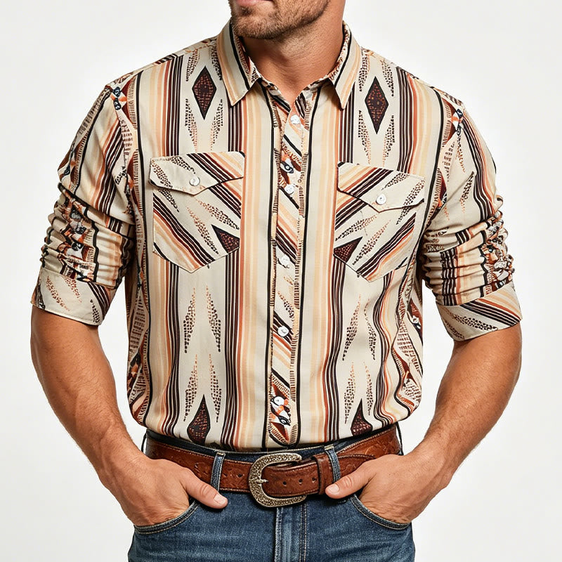 Herren Sommerhemd im Westernstil mit geometrischen Streifen, langen Ärmeln und Knopfleiste - image 1