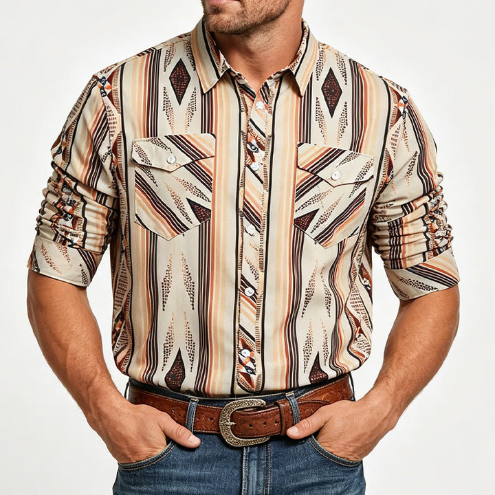 Herren Sommerhemd im Westernstil mit geometrischen Streifen, langen Ärmeln und Knopfleiste - image 1
