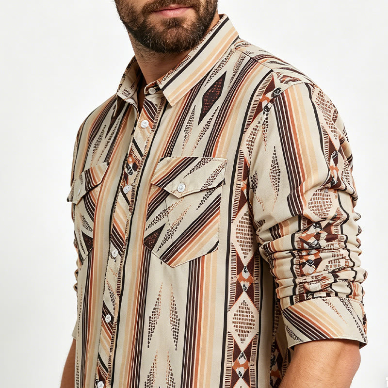 Herren Sommerhemd im Westernstil mit geometrischen Streifen, langen Ärmeln und Knopfleiste - image 3