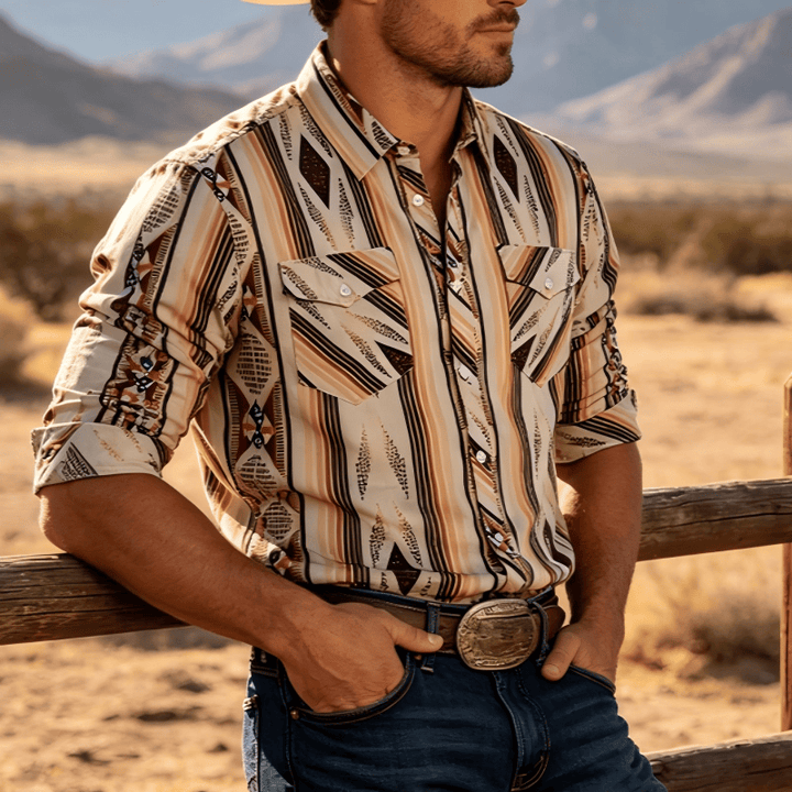 Herren Sommerhemd im Westernstil mit geometrischen Streifen, langen Ärmeln und Knopfleiste - image 0