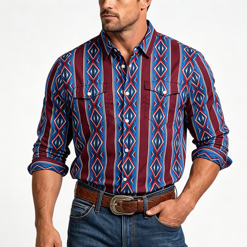 Retro-Cowboyhemd für Herren, rot-blau gestreift, langärmelig - image 1