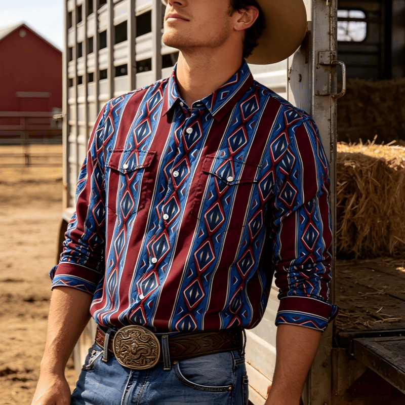 Retro-Cowboyhemd für Herren, rot-blau gestreift, langärmelig - image 0