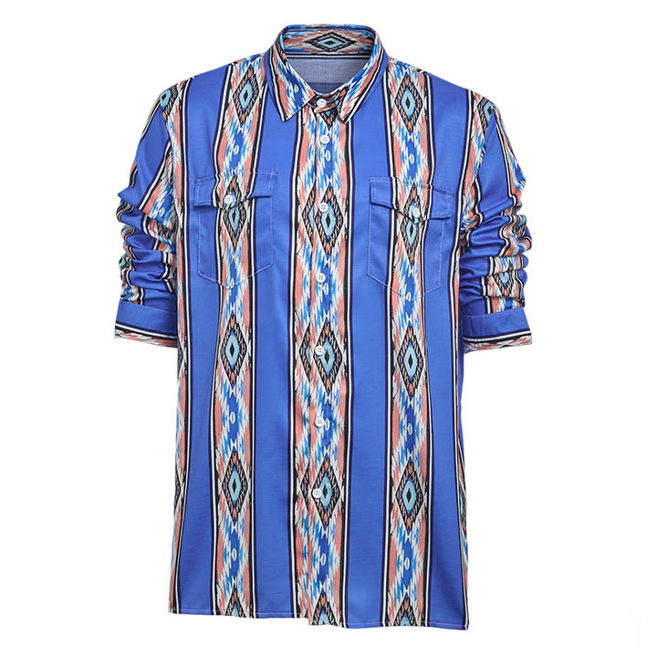 Herrenmode Western Ethno Blau gestreiftes Langarmhemd mit Knopfleiste - image 9