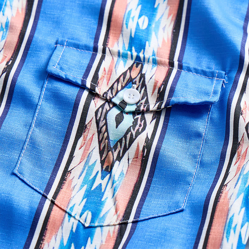 Herrenmode Western Ethno Blau gestreiftes Langarmhemd mit Knopfleiste - image 8