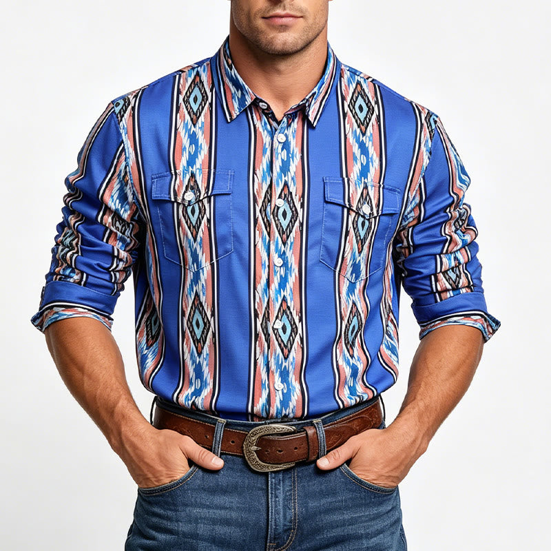 Herrenmode Western Ethno Blau gestreiftes Langarmhemd mit Knopfleiste - image 1