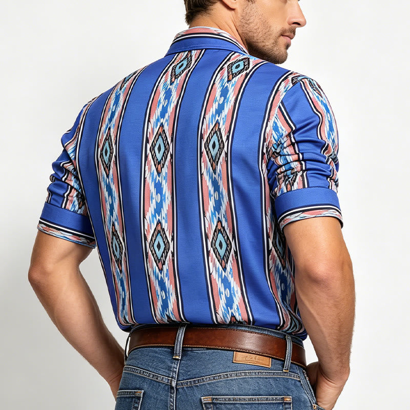 Herrenmode Western Ethno Blau gestreiftes Langarmhemd mit Knopfleiste - image 2
